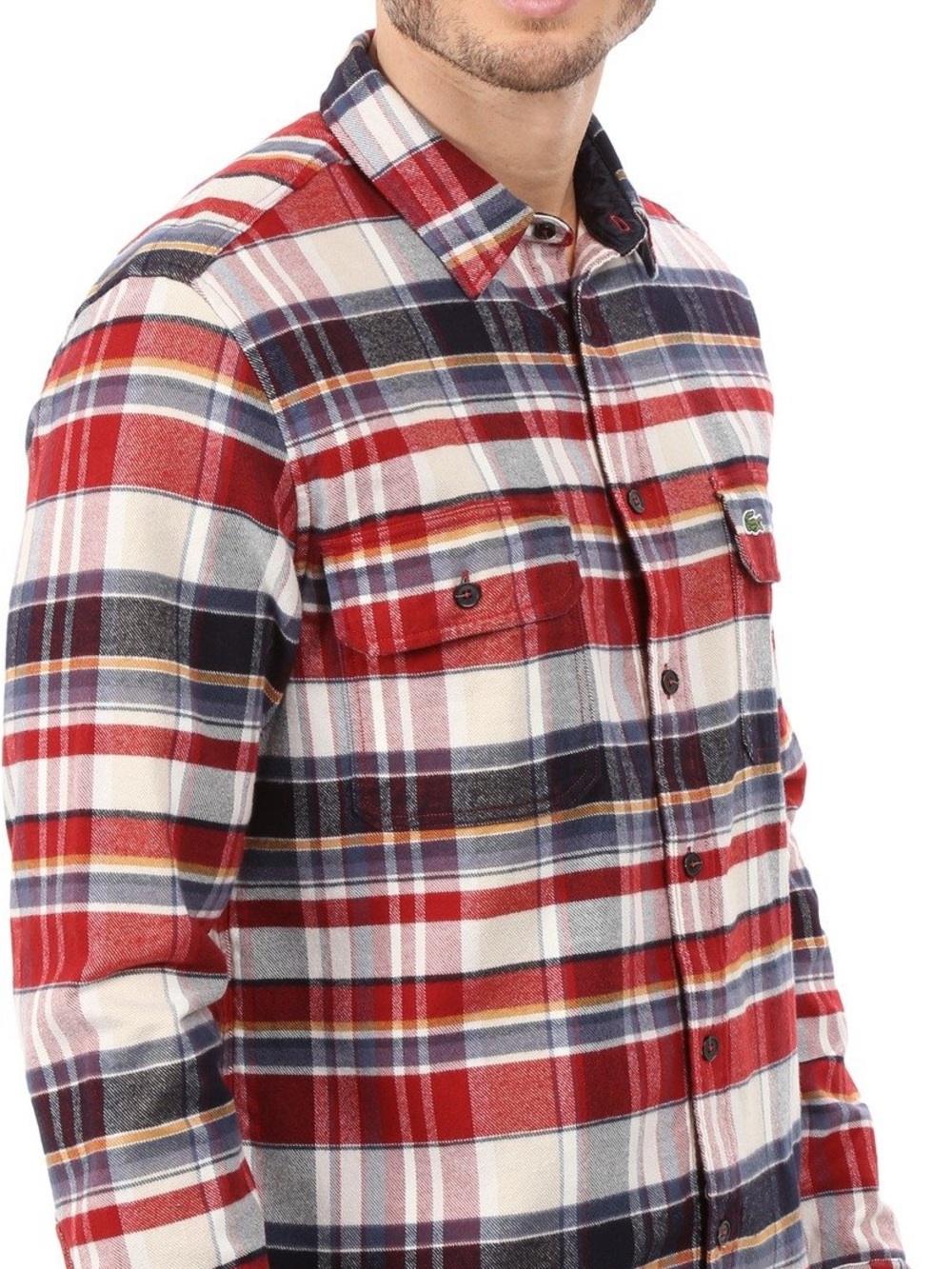 NEW Lacoste Men's Red Blue Plaid Flannel Shirt Button Down XLARGE - Picture 3 of 11